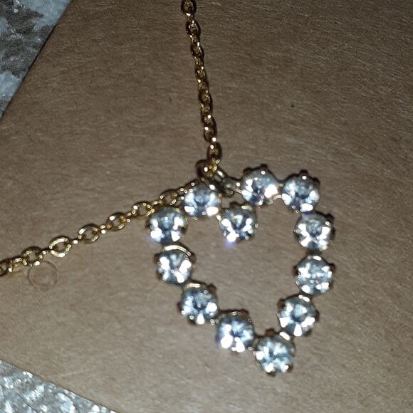 Necklace Gold Plated Chain w Heart Pendent Simulated Diamonds 10" hang length - Picture 2 of 13